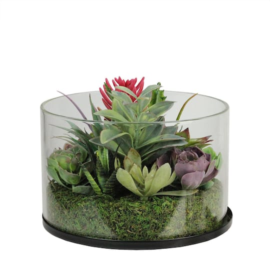 8&#x22; Artificial Mixed Succulent Arrangement in Round Glass Jar